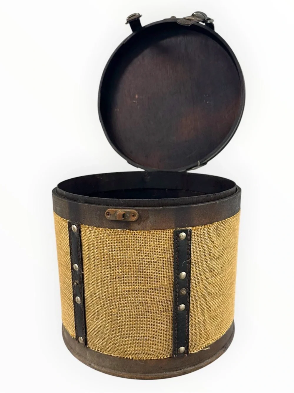Rustic Round Wood Burlap Storage Box Vintage Style Home Decor 10.5”
